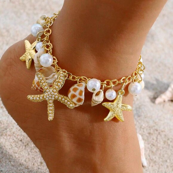 Shell Ankle Bracelet Set for Women, Gold Plated Boho Bead Adjustable Anklet, Haw - Picture 4 of 7